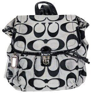 Coach Signature Poppy Gray Silver Black Canvas Jacquard Lurex Flap Backpack